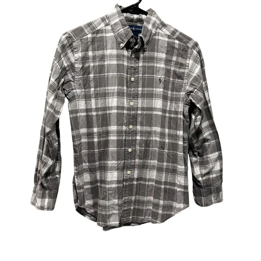 Ralph Lauren Boys Grey White Plaid Button Down Shirt Size M 10-12 Long Sleeve
